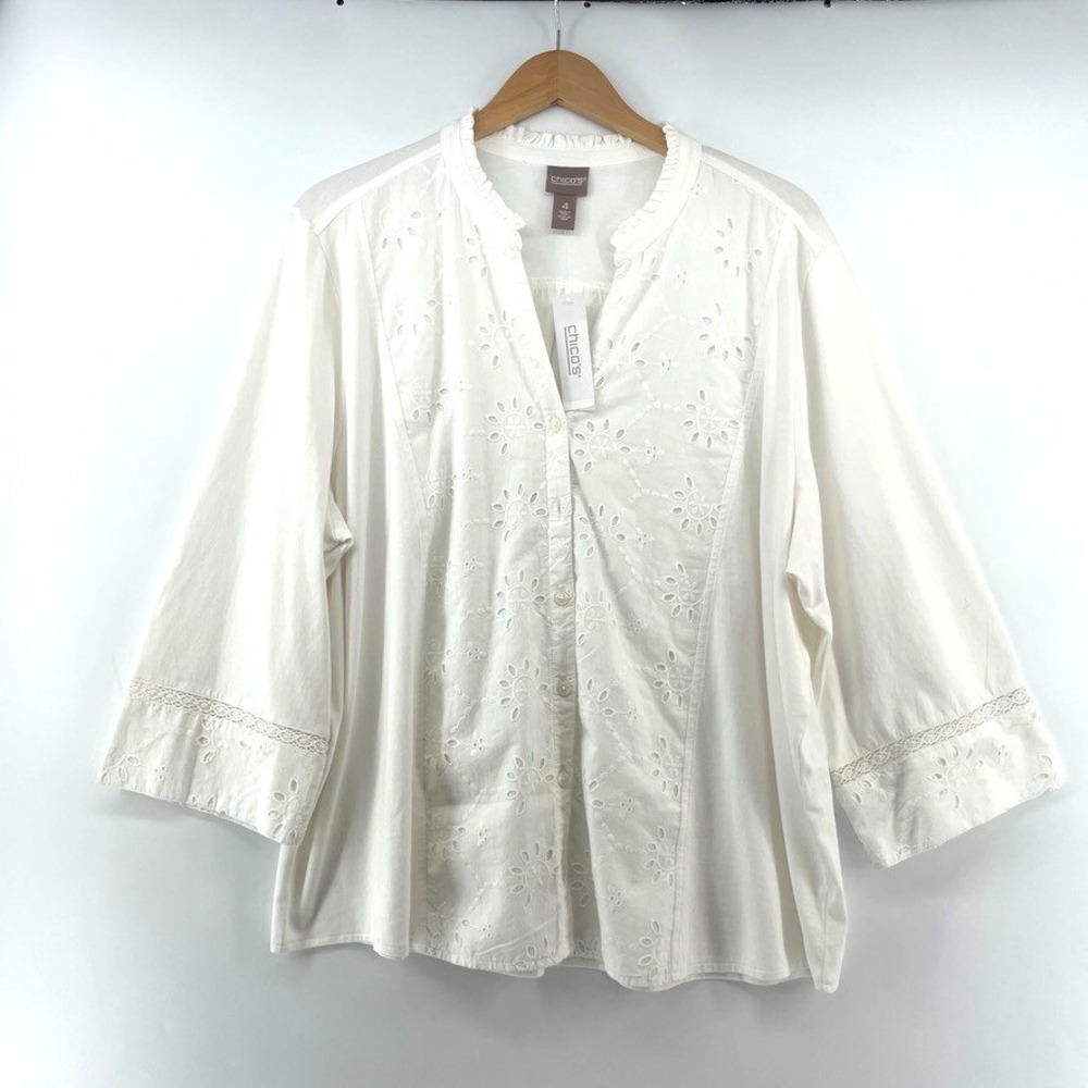 Chicos 4 Top White Eyelet Artisan Button Front Plus Sz XXL Cottage Boho Peasant